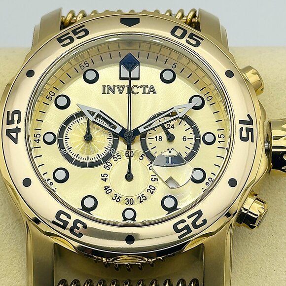 NEW Invicta Men's 48mm ProDiver Scuba Chronograph Watch Golden Dial SS Case Mesh - Picture 1 of 9